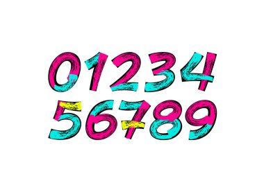 Fırça italik numaraları, boya numaraları 0, 1, 2, 3, 4, 5, 6, 7, 8, 9, vektör illüstrasyonu 10.