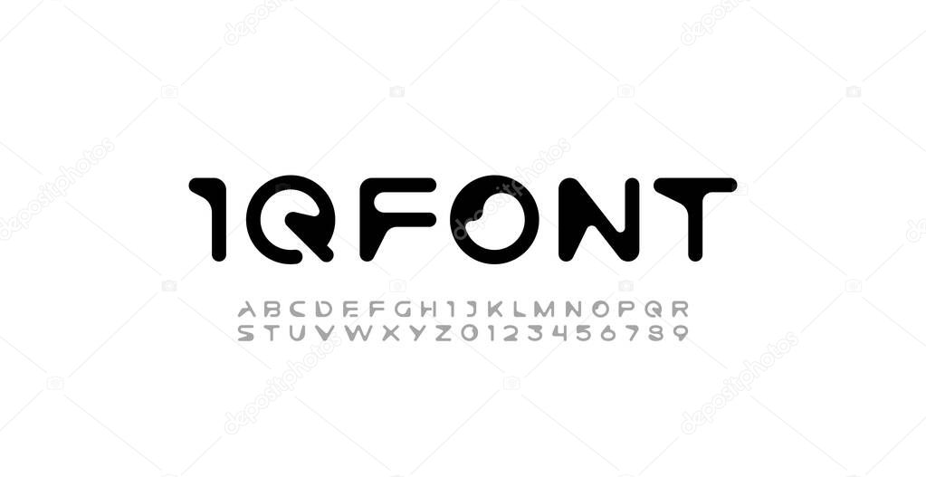 Font digital cyber alphabet, cyberpunk rounded letters A, B, C, D, E, F, G, H, I, J, K, L, M, N, O, P, Q, R, S, T, U, V, W, X, Y, Z and futuristic numerals 0, 1, 2, 3, 4, 5, 6, 7, 8, 9