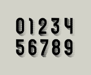 Siyah sayılar, 0 'dan 9' a kadar olan sayılar yarım ton etkisi, vektör illüstrasyonu 10EPS