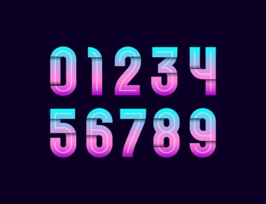 Tatil tarzında ayarlanmış parlak sayılar, 0, 1, 2, 3, 4, 5, 6, 7, 8, 9 çocuk sanatları tarzında gölgeli, vektör illüstrasyonlu 10EPS