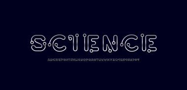 Dijital alfabe krom yazı tipi yüzükler, gümüş harfler ve bilim tarzında yapılmış numaralar, vektör illüstrasyonu 10EPS.