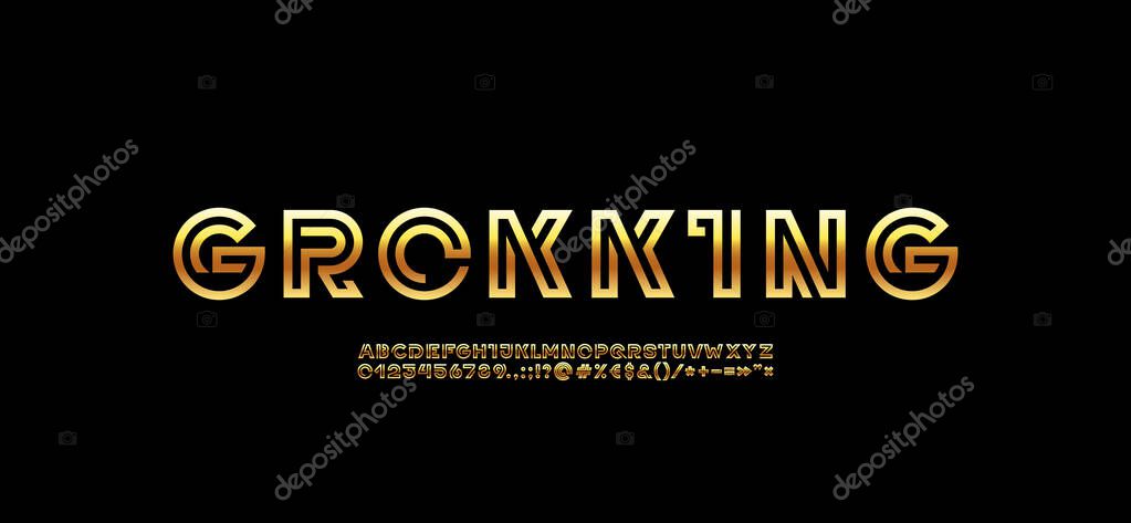 Technology golden font, digital cyber alphabet made future space style, gold letters A, B, C, D, E, F, G, H, I, J, K, L, M, N, O, P, Q, R, S, T, U, V, W, X, Y, Z, numerals 0, 1, 2, 3, 4, 5, 6, 7, 8, 9