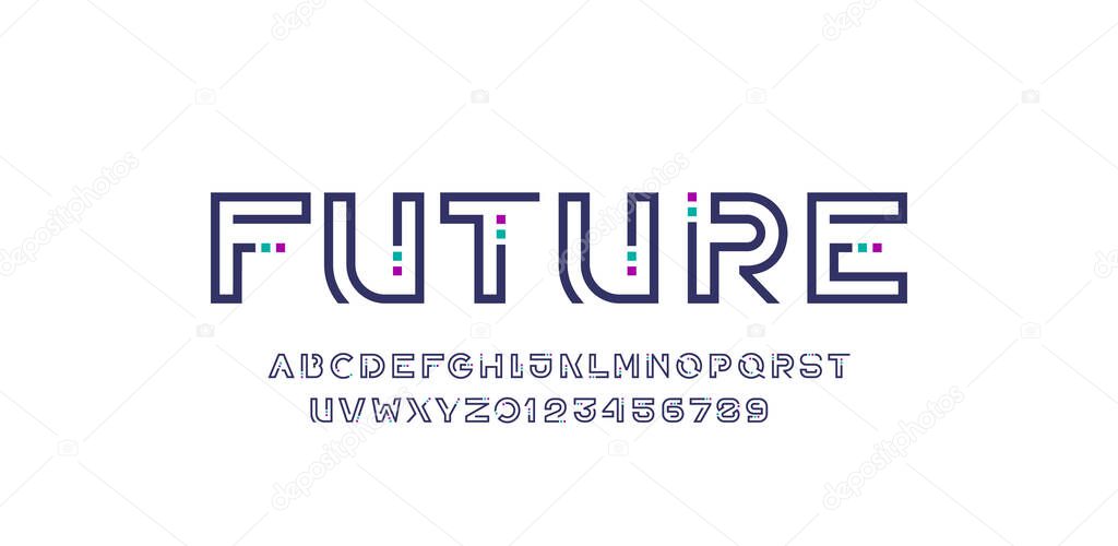 Technology font, digital cyber alphabet, letters A, B, C, D, E, F, G, H, I, J, K, L, M, N, O, P, Q, R, S, T, U, V, W, X, Y, Z, numerals 0, 1, 2, 3, 4, 5, 6, 7, 8, 9 with square