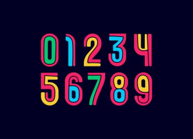 Parlak çocuk tarzında ayarlanmış renkli sayılar, çocuk sanatı tarzında 0-9 arası renkli sayılar, vektör illüstrasyonu 10EPS