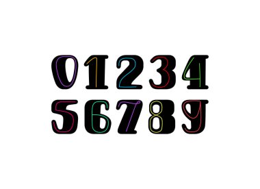 Siyah yuvarlak sayılar, güzel sayılar 0 'dan 9' a kadar renkli kablolar, vektör illüstrasyonu 10EPS