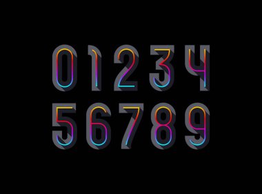 3d koyu sayılar, 0 'dan 9' a kadar sayılar, parlak renkli çizgi, vektör illüstrasyonu 10EPS