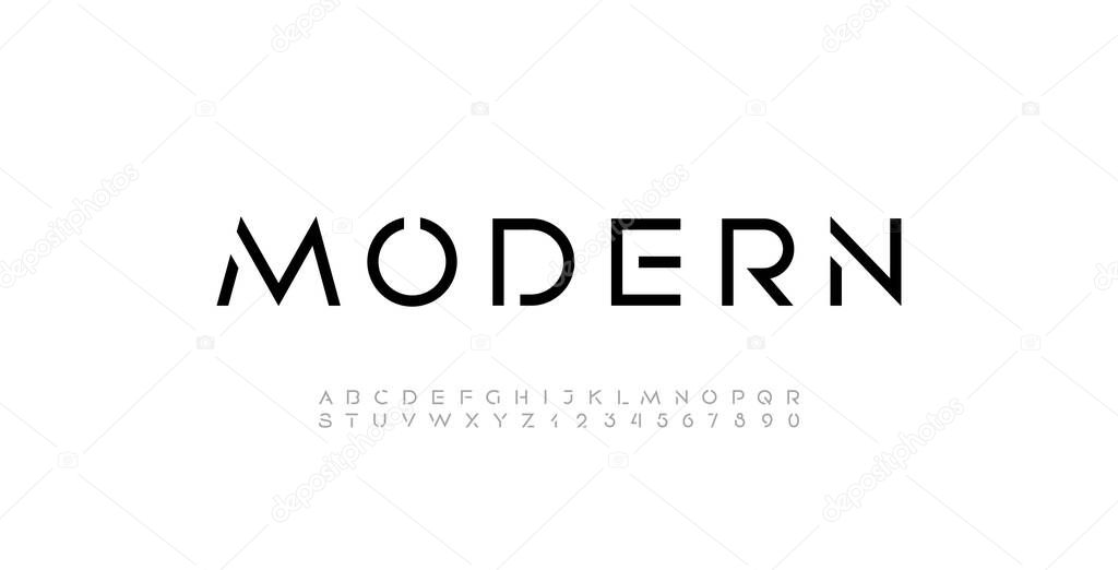 Font stencil alphabet, thin cut out letters from A to Z and numbers from 0 to 9, vector illustration 10EPS.