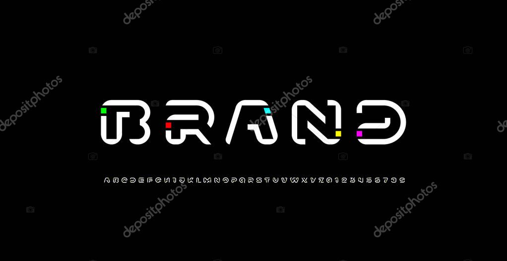 Game font, digital cyber alphabet made future space style, letters A, B, C, D, E, F, G, H, I, J, K, L, M, N, O, P, Q, R, S, T, U, V, W, X, Y, Z, numerals 0, 1, 2, 3, 4, 5, 6, 7, 8, 9