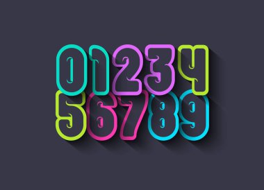 Parlak sayılar kümesi, renkli sayılar 0, 1, 2, 3, 4, 5, 6, 7, 8, 9 gölgeli, vektör illüstrasyonu 10.