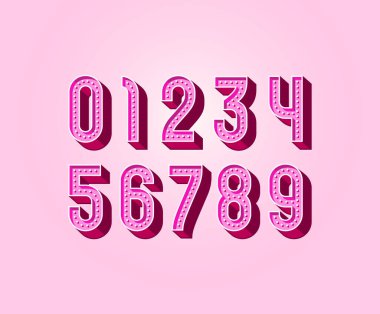 3D modern sayı kümesi, ampullü pembe hacimsel rakamlar, vektör illüstrasyon 10eps