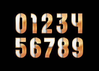 Altın parlak sayılar, 3D altın parlaklığında rakamlar 0, 1, 2, 3, 4, 5, 6, 7, 8, 9, çelik stili, vektör çizimi 10EPS