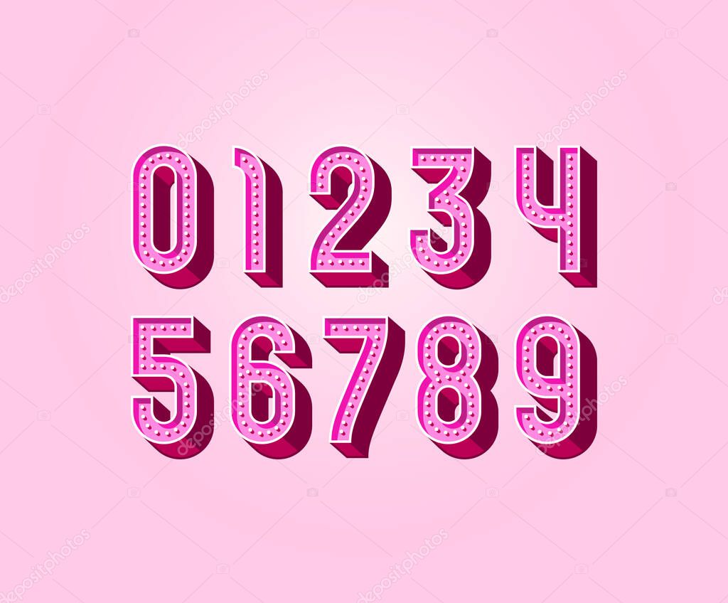 3D modern number set, pink volumetric numerals with light bulbs, vector illustration 10eps