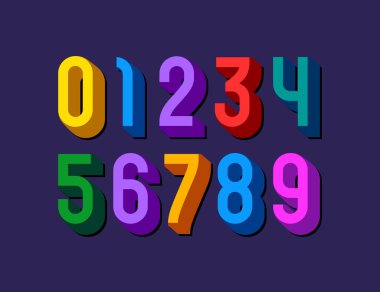 Renkli sayılar seti çocuk stili, rakamlar 0 'dan 9' a, vektör illüstrasyonu 10EPS