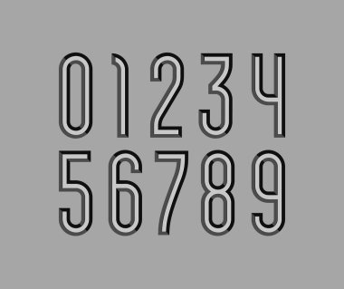 3 boyutlu metalik sayılar yontulmuş bloktan, modaya uygun ince rakamlar serif olmadan, gümüş efektli modern eğimli sayılar, vektör illüstrasyon 10eps.