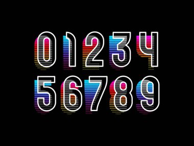 Çok renkli sayılar, beyaz çizgiler ve yarım ton şeklinde dizilmiş sayılar, vektör illüstrasyonu 10EPS