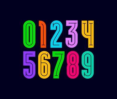 Çocuk numaraları parlak stilde ayarlanmış, çoklu renkli rakamlar 0-9 çocuk sanatları tarzında yapılmış, vektör illüstrasyonu 10EPS