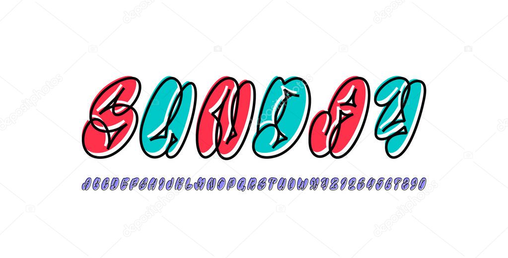 Graffiti long italic font, comic alphabet in the street art style, funky narrow letters and numbers, vector illustration 10EPS