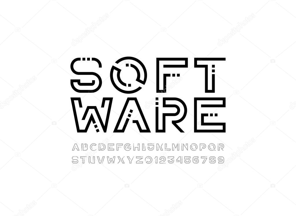 Technology font, digital cyber alphabet, black letters A, B, C, D, E, F, G, H, I, J, K, L, M, N, O, P, Q, R, S, T, U, V, W, X, Y, Z, numerals 0, 1, 2, 3, 4, 5, 6, 7, 8, 9 with square