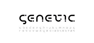 Teknoloji bilim yazı tipi, noktalı dijital siber alfabe, küçük harfler A, B, C, D, E, F, G, H, I, J, K, L, M, N, O, P, Q, R, S, T, U, V, W, X, Y, Z ve 0, 1, 2, 3, 4, 5, 6, 7, 8, 9 uzay stili