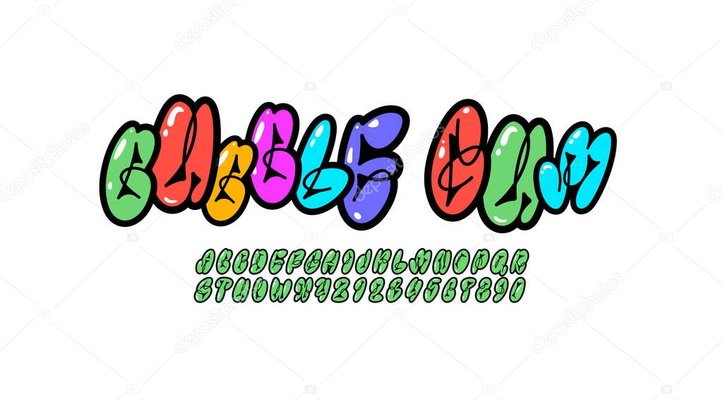 Graffiti long font, comic alphabet in the street art style, funky narrow letters and numbers, vector illustration 10EPS