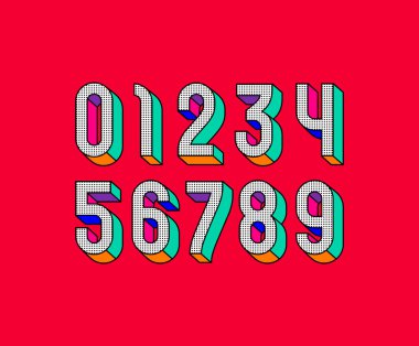 Pop sanat eserleri seti 3D stil, rakamlar 0-9, vektör illüstrasyonu 10EPS