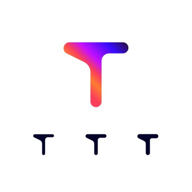 Teknik logo harfi T, dijital siber uzay yazı tipi, üç farklı kalınlıkta fütüristik stil.