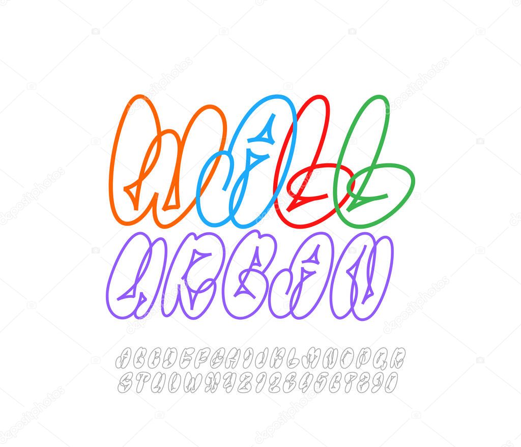Graffiti italic font, comic alphabet in the street art style, funky narrow letters and numbers made outline, vector illustration 10EPS