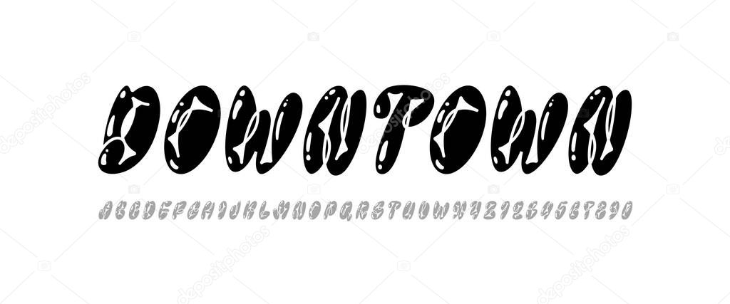 Graffiti black italic font, comic alphabet in the street art style, funky narrow letters and numbers, vector illustration 10EPS