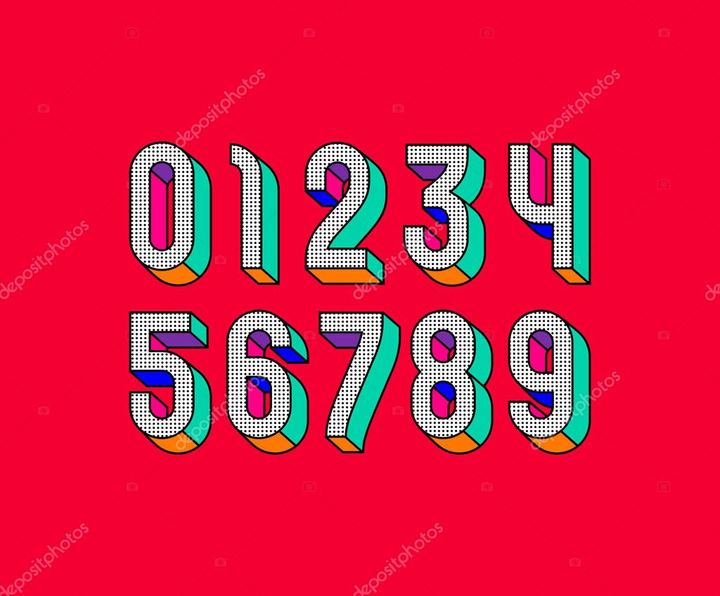 Pop art numbers set made 3D style, numerals 0 to 9, vector illustration 10EPS
