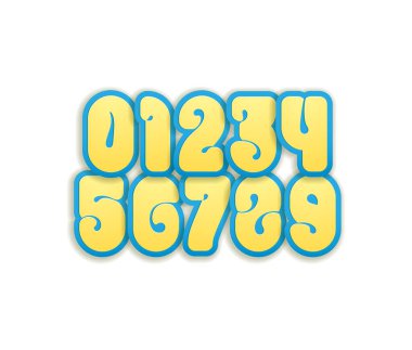 Resim numaraları, sarı sayılar 0, 1, 2, 3, 4, 5, 6, 7, 8, 9, vektör illüstrasyonu 10.