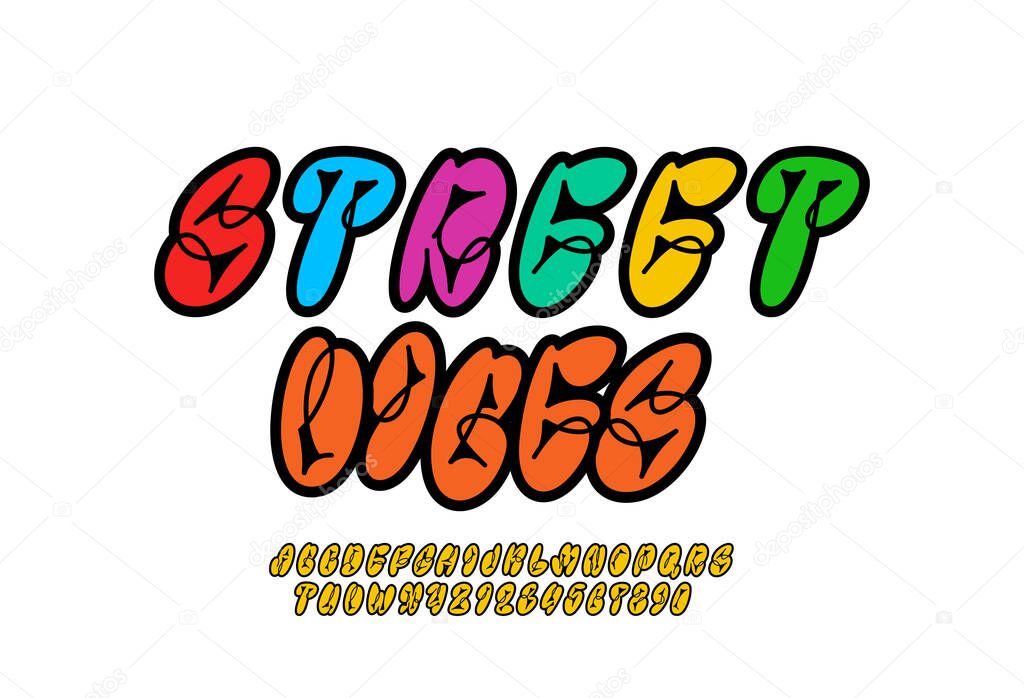 Graffiti long font, comic alphabet in the street art style, funky narrow italic letters and numbers, vector illustration 10EPS