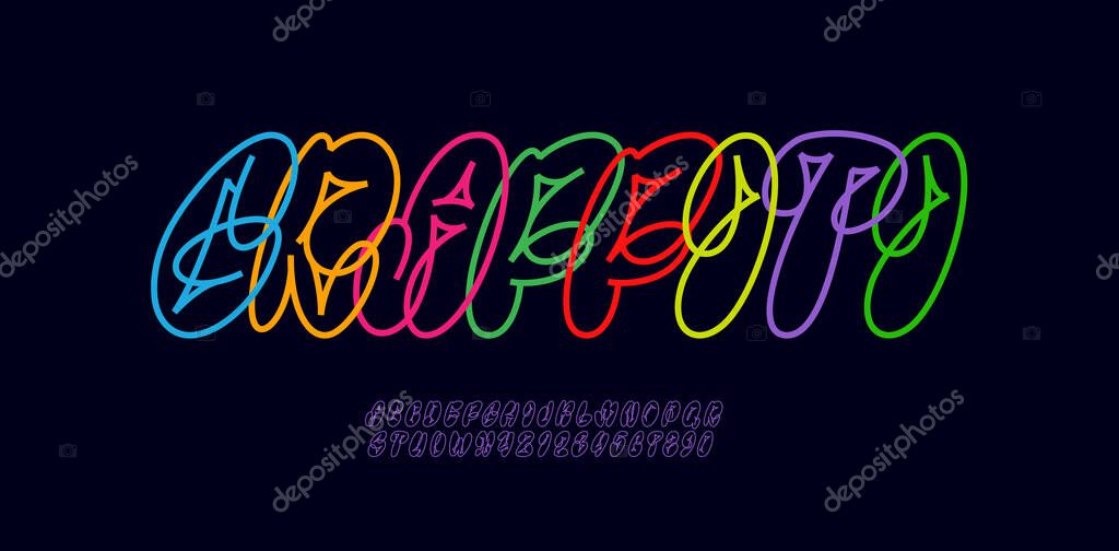 Graffiti italic font, comic alphabet in the street art style, funky narrow letters and numbers made outline, vector illustration 10EPS