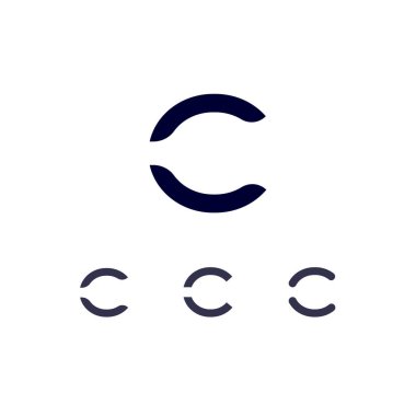 Teknik logo C harfi, dijital sanal alan alfabesi yazı tipi, üç farklı şablon biçimi.