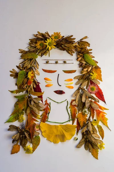 Gezicht Van Indiaas Meisje Gemaakt Van Levendige Herfstbladeren Bloemen Geïsoleerd — Stockfoto