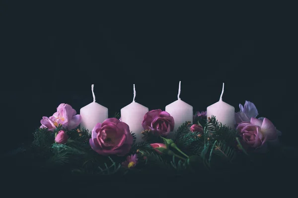 Advent Candles Prepared Decorated Rose Flower Pink Advent Wreath Fire — Stock Photo, Image
