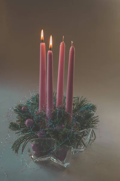 Pink Advent Candles Religious Cristian Traditional Wreath Decorated Green Fir — Stock Photo, Image