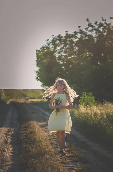 Чарівна Дівчина Довгим Світлим Волоссям Сільській Місцевості Літній Атмосфері — стокове фото