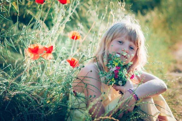 Adorable Girl Long Blond Hair Sitting Alone Summer Atmosphere Field — Stock Photo, Image