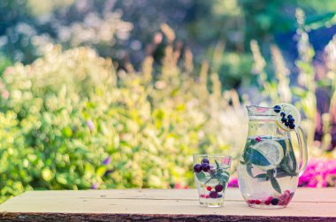 Bahçedeki masada içecek, frenk üzümü, limon ve meyve dolu vitamin.
