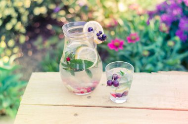 Bahçedeki masada içecek, frenk üzümü, limon ve meyve dolu vitamin.