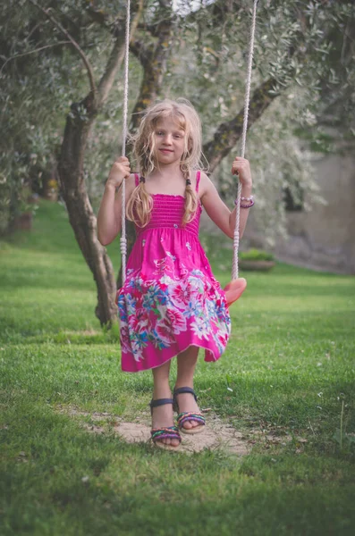 Lovely Little Girl Long Blond Hair Romantic Green Spring Countryside — Stock Photo, Image