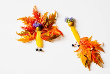 Yaprak ve çiçeklerden renkli peri figürleri, sonbahar zanaatı, diy fikirleri, dinginlik, turuncu tavus kuşu