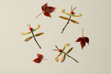 Canlı yapraklardan, yaratıcılıktan, sonbahar titreşimlerinden, şeytani sanatlardan yapılmış renkli yusufçuk., 