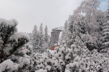 Gözlem kulesi, karla kaplı ağaçlar, Slovakya, Avrupa 'da kış mevsimi