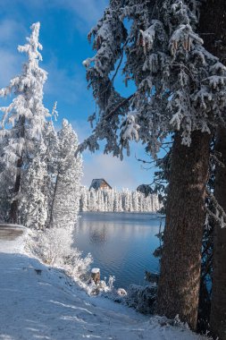 Kış mevsiminde Slovakya 'daki Strbske pleso Gölü, beyaz ve mavi renkler