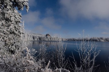 Kış mevsiminde Slovakya 'daki Strbske pleso Gölü, beyaz ve mavi renkler