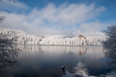 Kış mevsiminde Slovakya 'daki Strbske pleso Gölü, beyaz ve mavi renkler