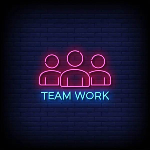 Neon Sign Team Work Brick Wall Background Vector — Διανυσματικό Αρχείο