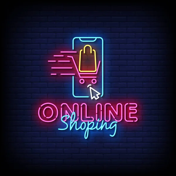 Neon Sign Online Shopping Mit Backsteinwand Hintergrundvektor — Stockvektor