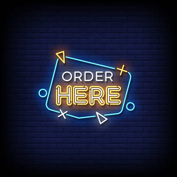 Neon Sign Order Here Brick Wall Background Vector — Stock Vector